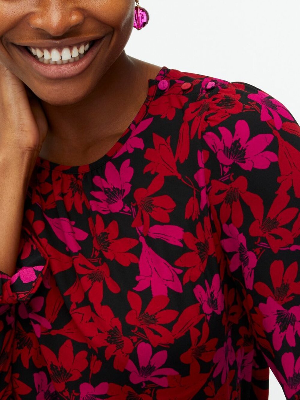 NWT J. Crew Size Large Red Fuchsia Pink Floral Button-Neck Top with Ruffle NEW - Picture 2 of 4